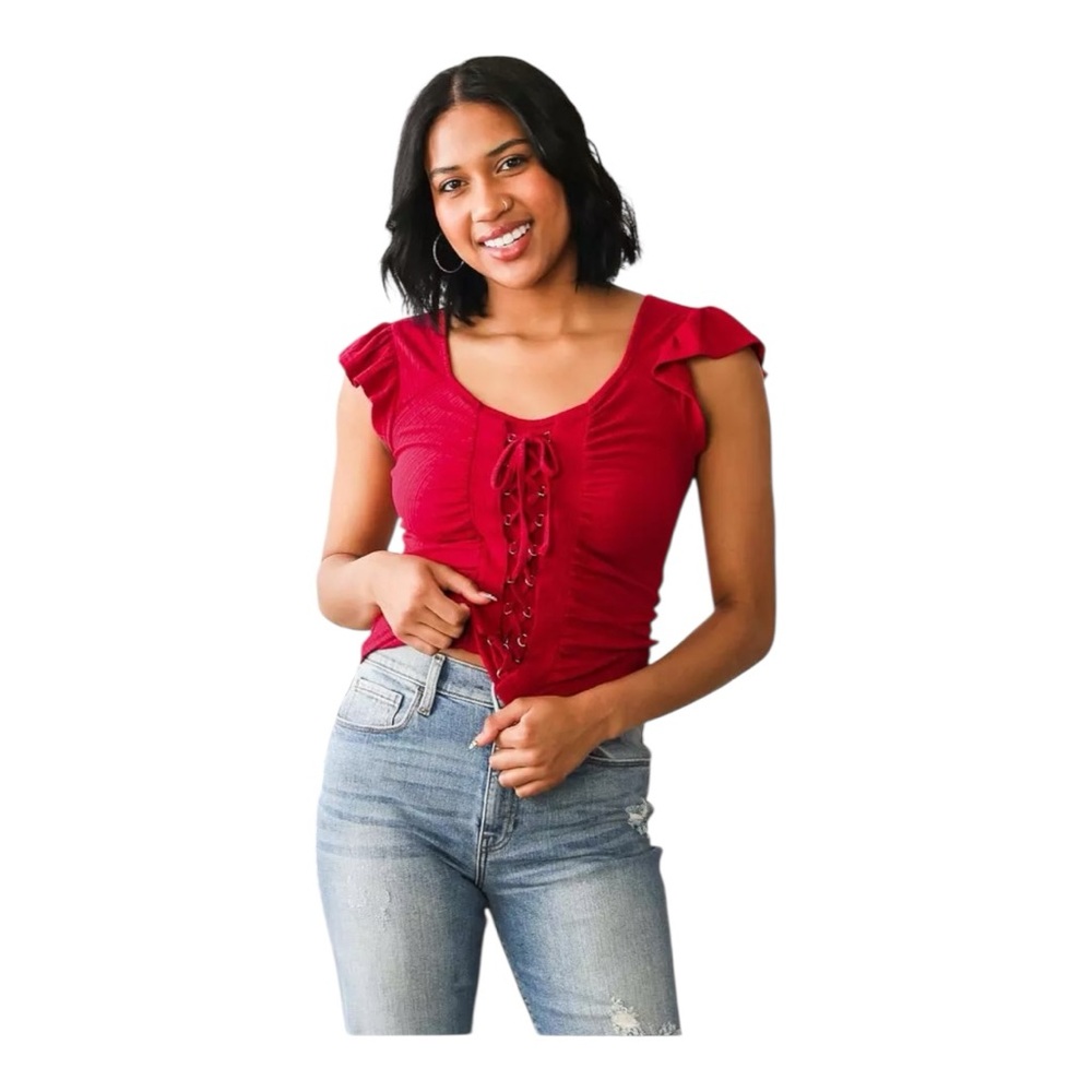 WILLOW + ROOT Lace-Up Flutter Sleeves Scoop Neck Top Women's Top MEDIUM Red VGC